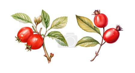 Watercolor Rose Hip berry. Illustration clipart isolated on white background.