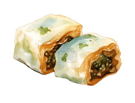 Watercolor Baklava and nuts, Ramadan Kareem. Illustration clipart isolated on white background.