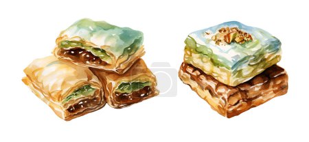 Watercolor Baklava and nuts, Ramadan Kareem. Illustration clipart isolated on white background.