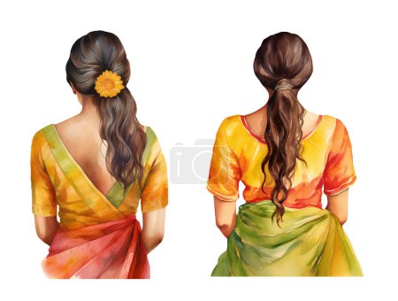 Watercolor woman ugadi festival. Illustration clipart isolated on white background.