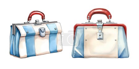 Watercolor doctors medical bag for first aid. Illustration clipart isolated on white background.