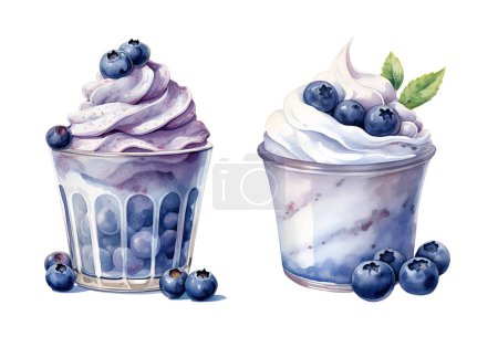 Watercolor yogurt with blueberries. Illustration clipart isolated on white background.