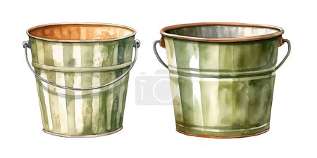 Watercolor Garden, tin bucket. Illustration clipart isolated on white background.