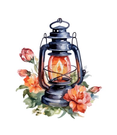 Lámpara de aceite con flores clipart, ilustración vectorial aislada.
