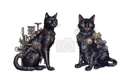 Steampunk cat clipart, isolated vector illustration.