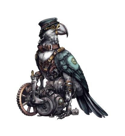 Steampunk parrot clipart, isolated vector illustration.