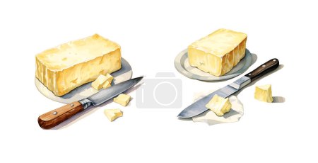 Packung Butter und Messer, Vektor-Cliparts-Illustration mit isoliertem Hintergrund.
