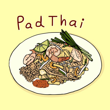 Noodle Pad Thai food of Thailand in the dish. hand draw sketch vector.