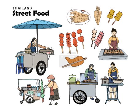 vendedor de comida callejera, comida callejera en Tailandia, pollo a la parrilla, cerdo a la parrilla, albóndigas a la parrilla y salchichas, ilustración de vectores de estilo dibujado a mano alzada