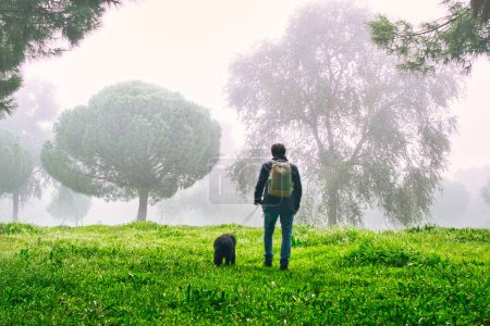 Photo for Hiker with his dog walking through the fog in a forest in Arroyomolinos, Madrid (Spain). - Royalty Free Image