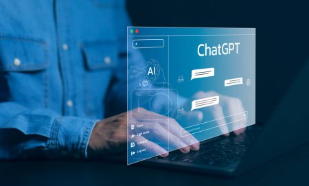 ChatGPT Chat with AI or Artificial Intelligence technology. Man using a laptop computer chatting with an intelligent artificial intelligence asks for the answers he wants. Smart assistant futuristic,