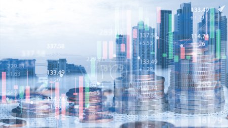Double exposure of city and rows of coins and bank book with stock and financial graph on virtual screen. stock market accounting market economy analysis, Business Investment concept.