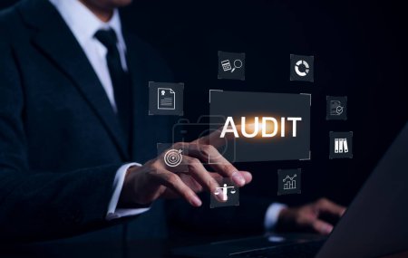 Photo for Audit concept with icons, Businessman working with computer and touching on word audit on virtual screen. Check to examine accounting and finance of business, Evaluation financial, Business audit, - Royalty Free Image