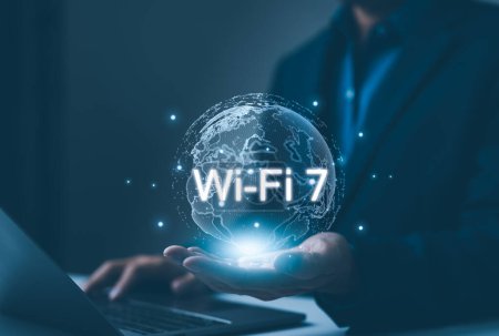 Person presenting global WiFi 7 connectivity concept. Showcases a holographic globe with the Wi-Fi 7 technology symbol, representing the next generation of wireless connectivity. Use internet by WiFi7