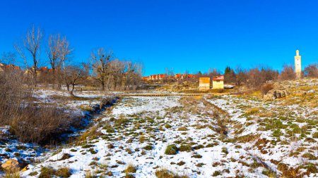 Téléchargez les photos : Arbres bruns, neige blanche et ciel bleu dans la ville d'Ifrane - en image libre de droit