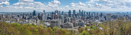 Large high resolution panorama view of downtown Montreal skyline on a beautiful spring day, province of Quebec, Canada. High quality photo taken from Kondiaronk Belvere lookout, Mount Royal May 2024