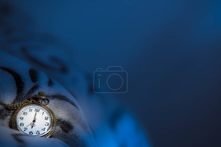 Foto de Reloj de bolsillo vintage en una acogedora manta en un ambiente azul oscuro a las 6 am. La imagen tiene espacio vacío para el texto - Imagen libre de derechos