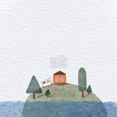 Illustration eines kleinen roten Hauses auf der Insel