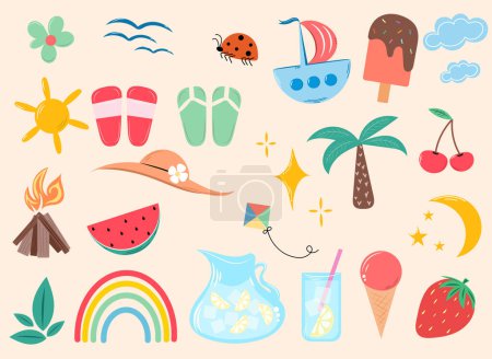 Set of summer elements. Ice cream and berries. Rainbow and ice drink. Shoes and palm, ship and sun.