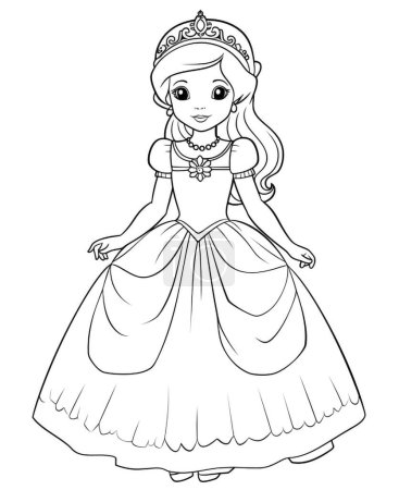 Black and White Coloring Page Illustration of a Lovely Little Princess, A Black and White Coloring Page Illustration