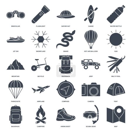adventure icon set, summer camping trip symbols collection, logo illustrations, tourism or hiking sign package isolated vector illustration