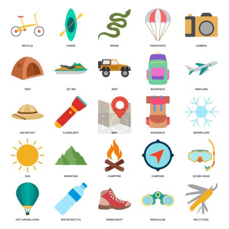 adventure icon set, summer camping trip symbols collection, logo illustrations, tourism or hiking sign package isolated vector illustration