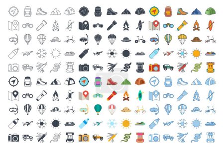 adventure mega icon set, summer camping trip symbols collection, logo illustrations, tourism or hiking sign package isolated vector illustration