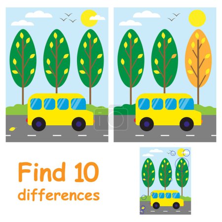 Téléchargez les illustrations : Jeu éducatif pour les enfants. Trouvez 10 différences. Le bus scolaire roule sur la route. Retour à l'école. - en licence libre de droit