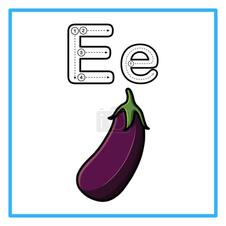 Einführung in das Alphabet mit Beispielen. E steht für Aubergine. Geeignet für die Praxis von Kindern und ideal für Kleinkinder-Karteikarten