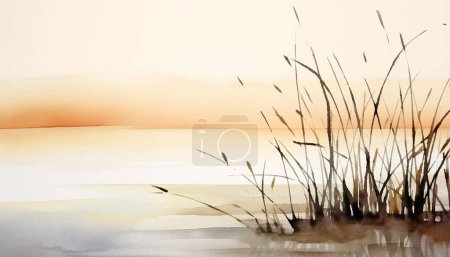 Illustration pour Aquarelle paysage peinture illustration de la mer du soir avec de l'herbe au coucher du soleil. Pour fond, carte, design. - image libre de droit