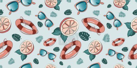 Illustration for Tropical vector seamless pattern. Can be used for decoration of albums, blog, web sites, postcard, poster, wrapping paper. Elements of monstera and palm leaves,  grapefruit and hibiscus . - Royalty Free Image