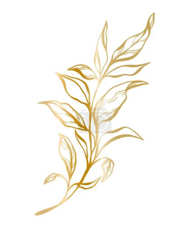 Ilustración de Ilustración botánica dorada de una rama de hojas para invitación a la boda y tarjetas, diseño de logotipos, web, redes sociales y plantilla de carteles. Elegante estilo minimalista vector floral aislado. - Imagen libre de derechos