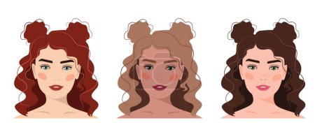 Illustration for Set of portraits of women with updo hair. Diversity of skin colors. Vector illustration. Avatar for a social network. Vector flat illustration, web, design, beauty, make up and social media. - Royalty Free Image