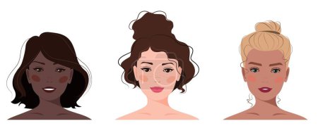 Illustration for Set of portraits of women with different hair. Diversity of skin colors. Vector illustration. Avatar for a social network. Vector flat illustration, web, design, beauty, make up and social media. - Royalty Free Image