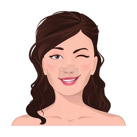 Illustration for Face portrait of women with brown hair. Facial expression with smiling gesture isolated vector illustration. Avatar for a social network. Vector flat illustration, web, design, beauty and make up. - Royalty Free Image