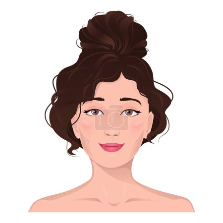 Illustration for Face portrait of women with brown hair. Facial expression with smiling gesture isolated vector illustration. Avatar for a social network. Vector flat illustration, web, design, beauty and make up. - Royalty Free Image