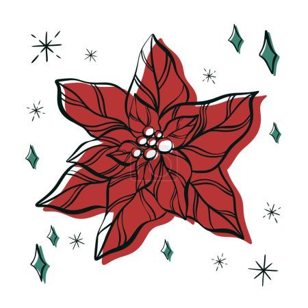 Illustration for Hand drawn red green flower vector winter floral element. Christmas poinsettia illustration for presentation, banner, cover, web, flyer, card, sale, poster, slide and social media. - Royalty Free Image