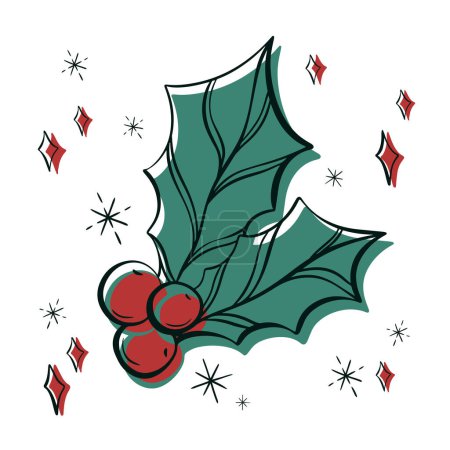 Illustration for Hand drawn red green mistletoe  branch vector winter floral element. Christmas botanical illustration for presentation, banner, cover, web, flyer, card, sale, poster, slide and social media. - Royalty Free Image