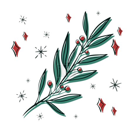 Illustration for Hand drawn red green branch vector winter floral element. Christmas botanical illustration for presentation, banner, cover, web, flyer, card, sale, poster, slide and social media. - Royalty Free Image