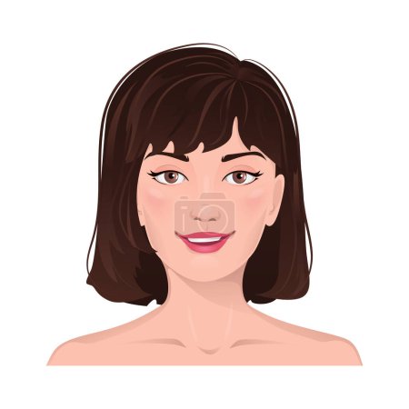Illustration for Face portrait of women with brown hair. Facial expression with gesture isolated vector illustration. Avatar for a social network. Vector flat illustration, web, design, beauty and make up. - Royalty Free Image
