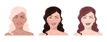 Illustration for Face portrait of women with divers skin and hair. Facial expression with gesture isolated vector illustration. Avatar for a social network. Vector flat illustration, web, design, beauty and make up. - Royalty Free Image