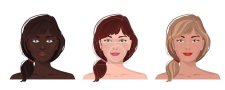 Illustration for Face portrait of women with divers skin and hair. Facial expression with gesture isolated vector illustration. Avatar for a social network. Vector flat illustration, web, design, beauty and make up. - Royalty Free Image
