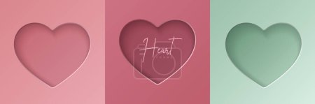 Illustration for Set of pastel pink and mint green soft 3D heart shape frame design. Collection of geometric backdrop for cosmetic product display, valentine day festival design, presentation, banner, cover and web. - Royalty Free Image