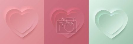 Illustration for Set of pastel pink and mint green papercut 3D heart shape frame design. Collection of geometric backdrop for cosmetic product display, valentine day festival design, presentation, banner, cover and web. - Royalty Free Image