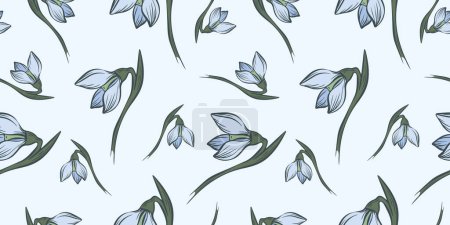 Illustration for Botanical snowdrop flower seamless pattern. Hand drawn line art with winter leaves and flowers for wedding invitation and cards, textile products, wrapping paper, wallpaper and posters template. - Royalty Free Image