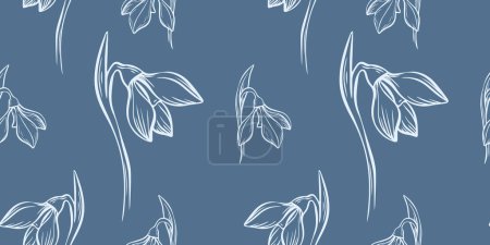 Illustration for Botanical snowdrop flower seamless pattern. Hand drawn line art with winter leaves and flowers for wedding invitation and cards, textile products, wrapping paper, wallpaper and posters template. - Royalty Free Image