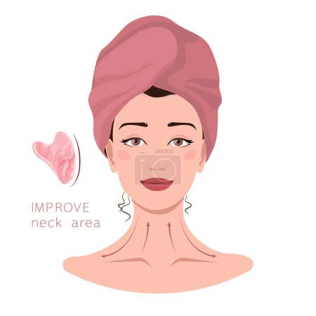 Facial massage lines direction scheme. How to do gua sha massage infographic. Portrait of young woman in towel on head with gua sha scraper for presentation, make-up, beauty, web, blog, social media.