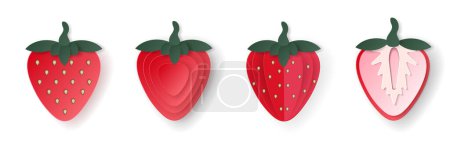 Set aus 3 D papiergeschnittenen Erdbeeren in Scheiben geschnitten schneiden Beerenfrüchte. Sommerschichtige Früchte. Saftige Esselemente für Restaurant, Essen, Getränke, Bars, Rezepte, Sommer, Süßigkeiten, vegan, Social Media, Präsentationsdesign.