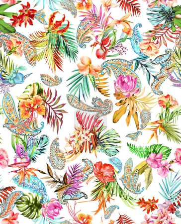 Téléchargez les photos : Léopard sans couture et motif de fleurs tropiques - en image libre de droit