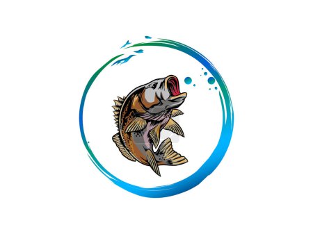 Illustration for Fishing logo design with jumping bass fish. - Royalty Free Image